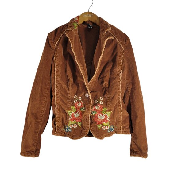 Kikit Jeans Corduroy Blazer Womens Small Cognac Floral Embroidery Boho Cottage - Picture 1 of 7